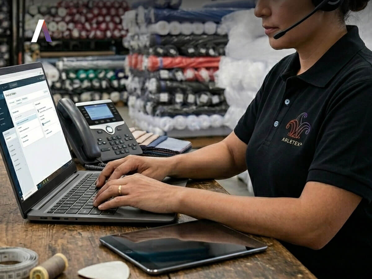 Atención al cliente en el mostrador de Arletex con asesoría de telas