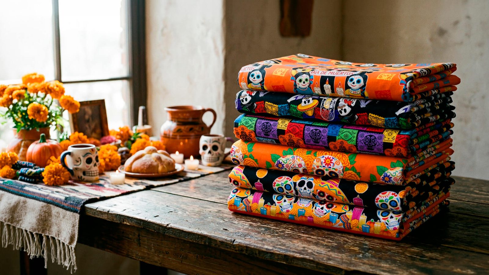Manteles de Día de Muertos estampados con catrinas, calaveras y cempasúchil sobre una mesa de madera