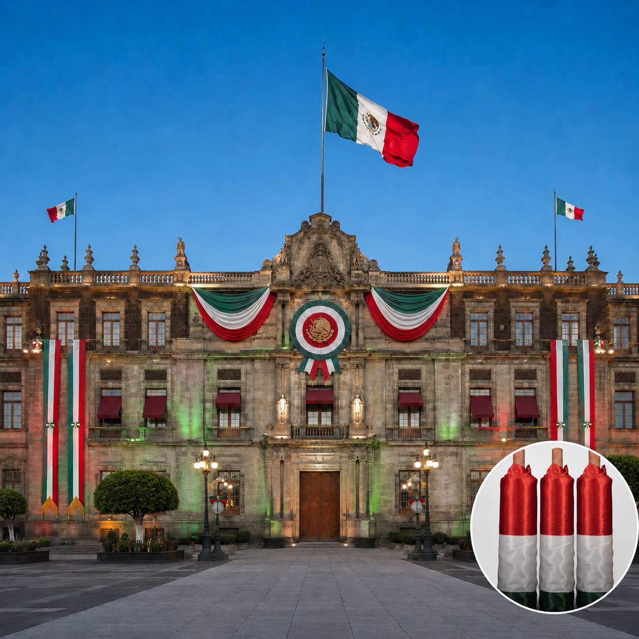 Rollos de tela tricolor verde, blanco y rojo en una sola pieza para banderas mexicanas