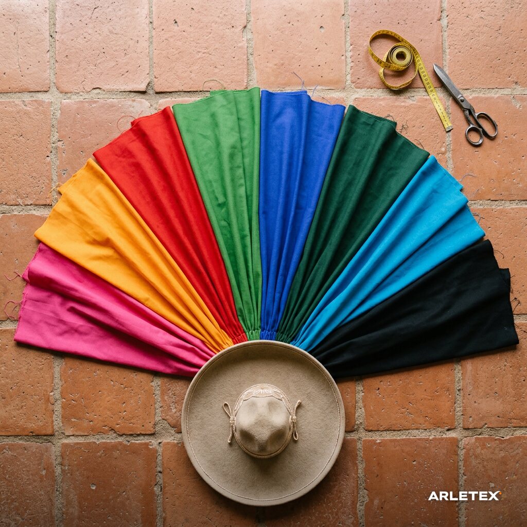Ocho telas de algodón en fiusha, mango, rojo, limón, azul rey, verde bandera, turquesa y negro abiertas en abanico alrededor de un sombrero charro