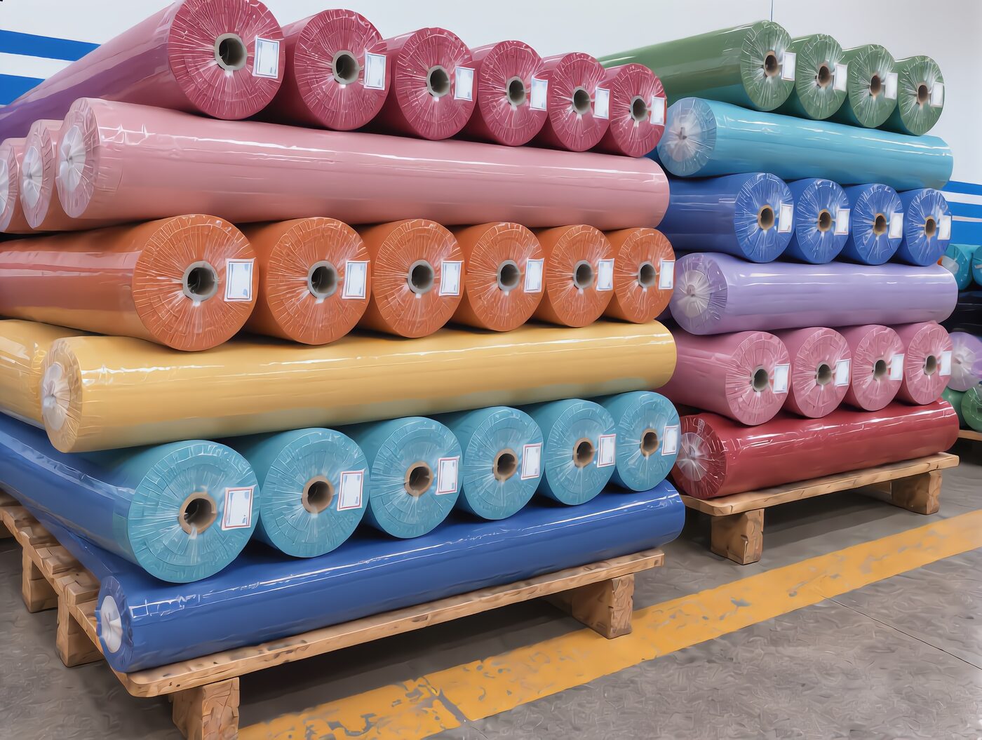 Tarimas con rollos de Manta de Colores emplayados en bodega: fiusha, rosa, naranja, mango, turquesa, azul rey, verde, lila y rojo