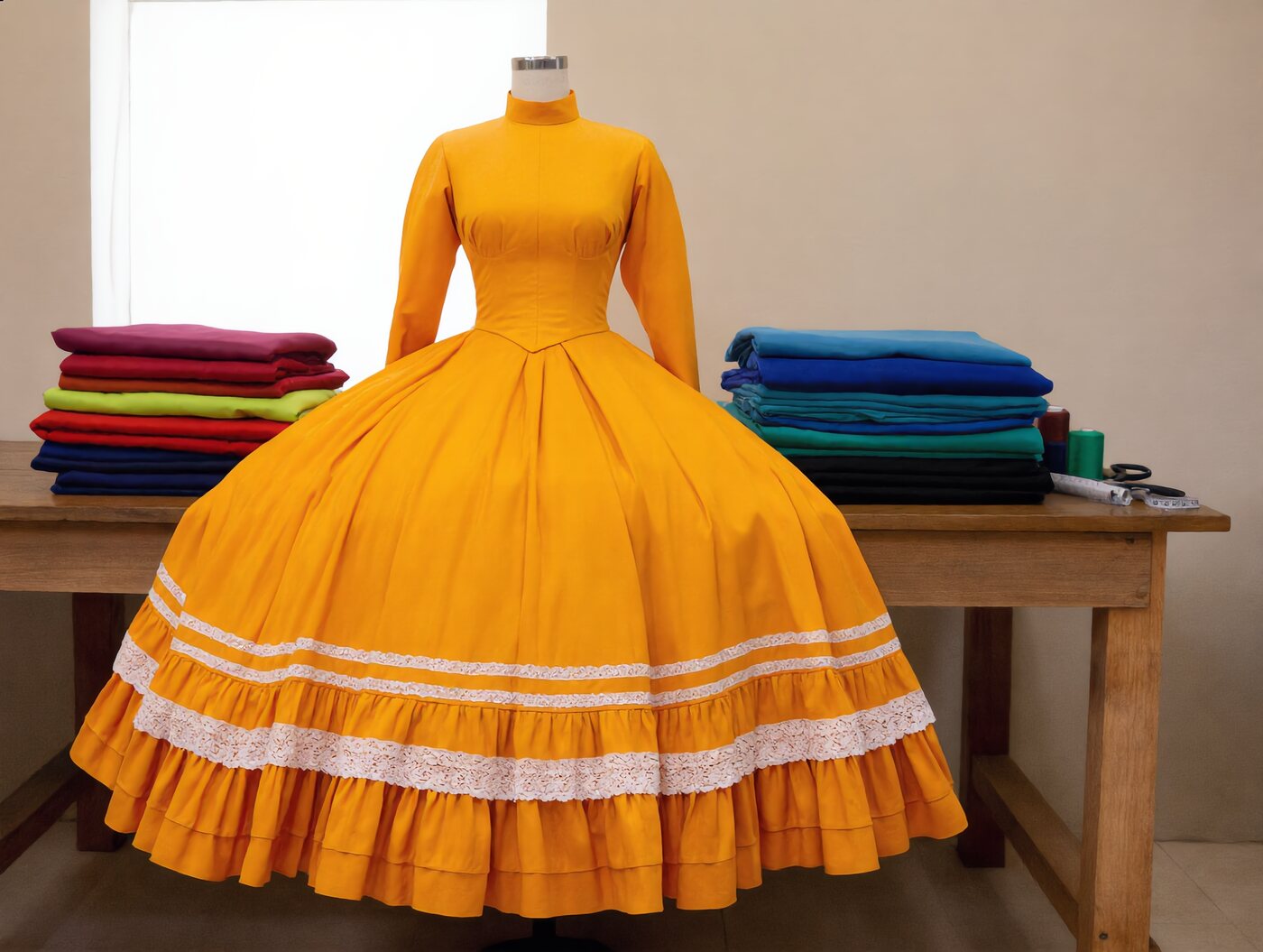 Vestido de Adelita en manta color mango sobre maniquí, junto a telas de manta dobladas en fiusha, rojo, limón, azul rey, turquesa y negro