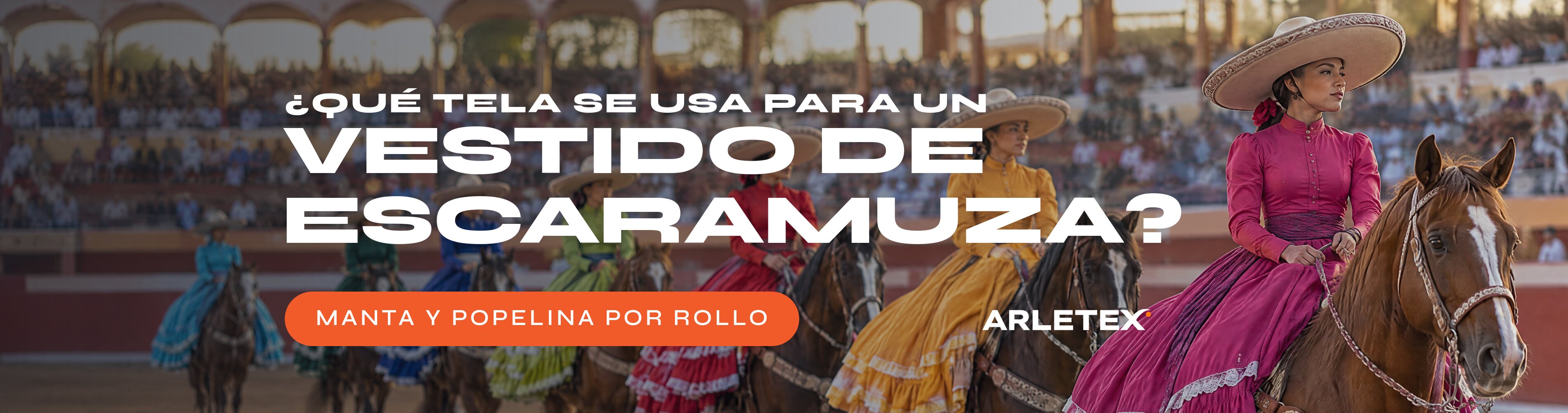 Escaramuza charra a caballo con vestidos de Adelita en fiusha, mango, rojo, limón, azul rey, verde y turquesa