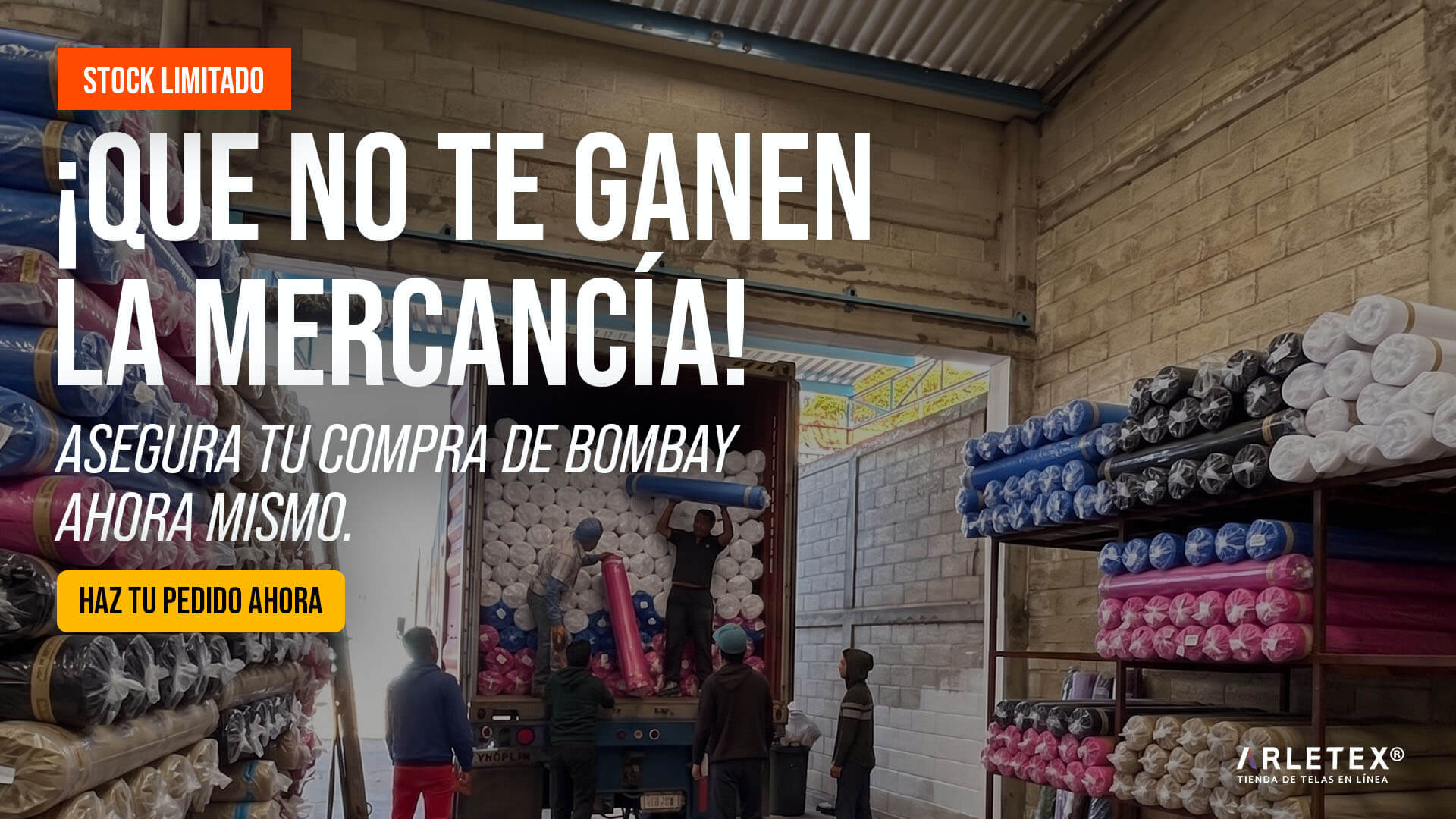 Contenedor BOMBAY H245 — 742 rollos de tela Bombay en almacén Arletex