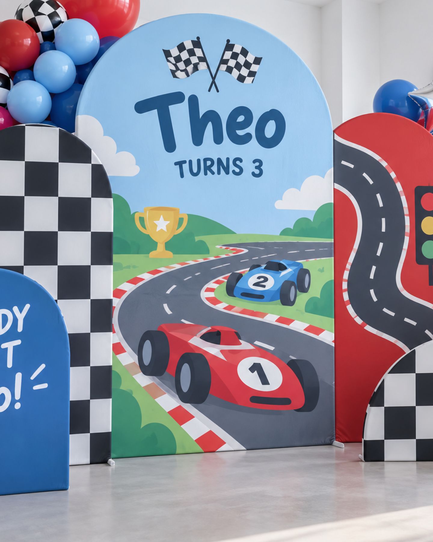 Fundas para arcos decorativos con temática de carreras confeccionadas con Tela Cholula Arletex