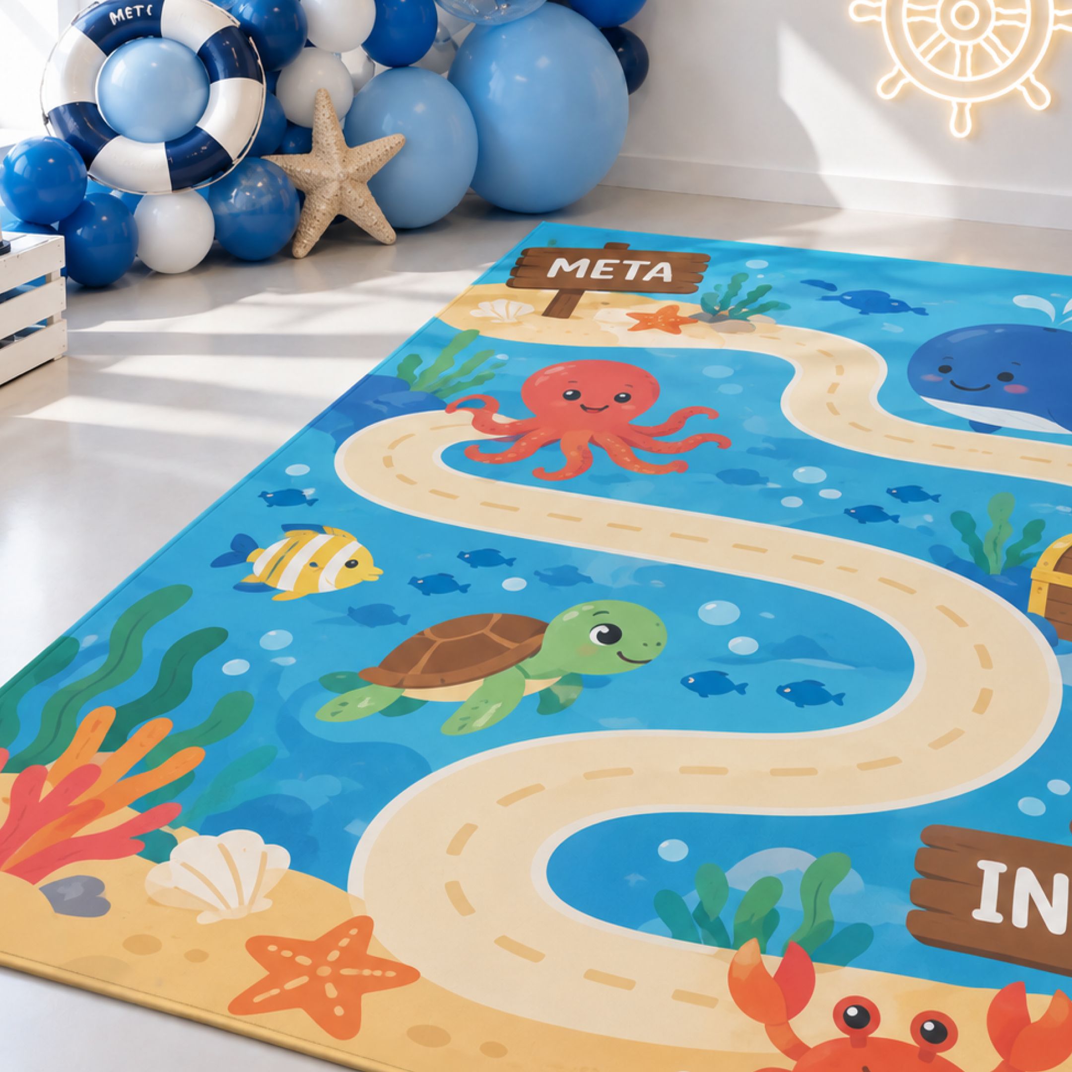 Tapete personalizado con juego de temática marina impreso sobre Tela Cholula Arletex
