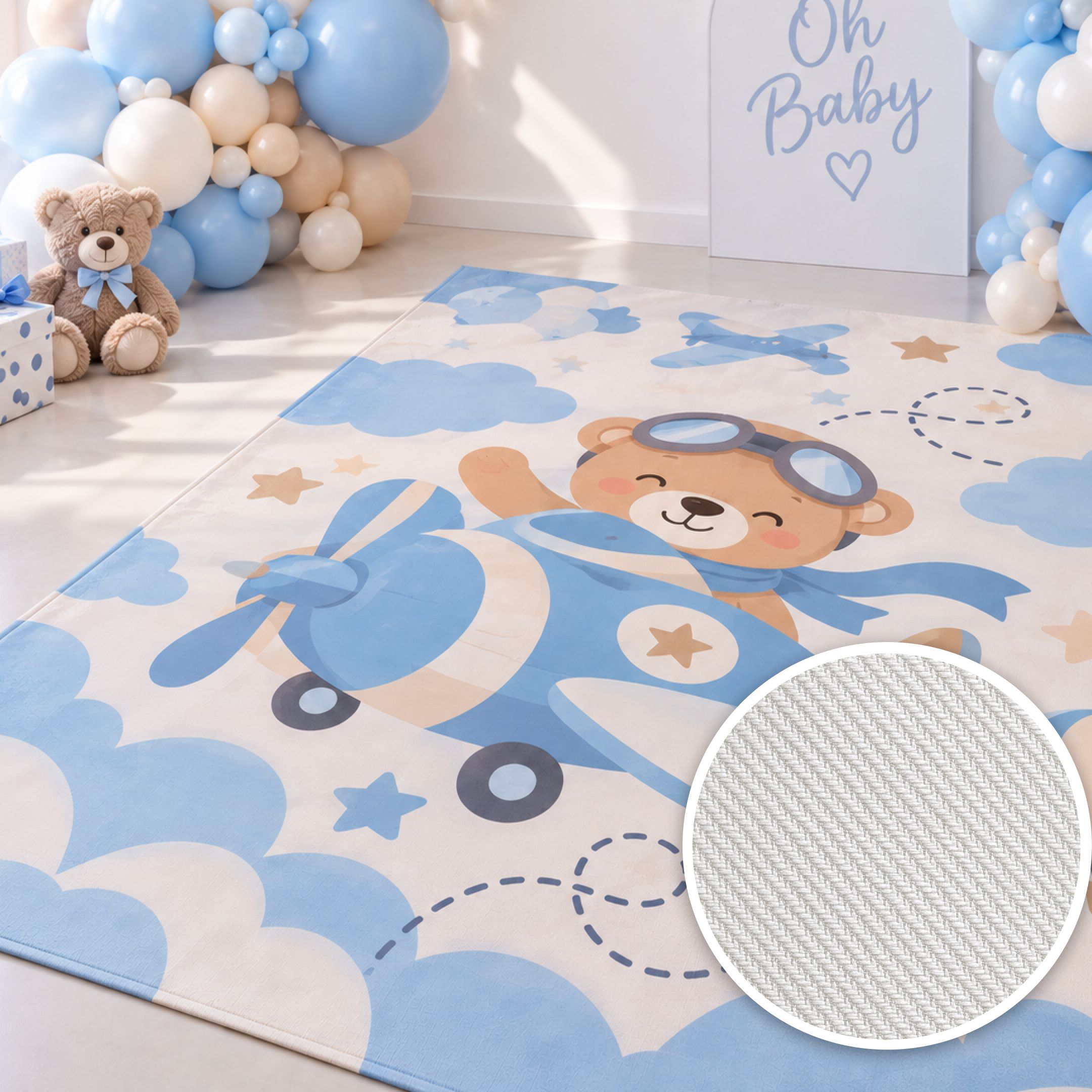 Tapete personalizado infantil con osito aviador y detalle de la textura de la Tela Cholula Arletex