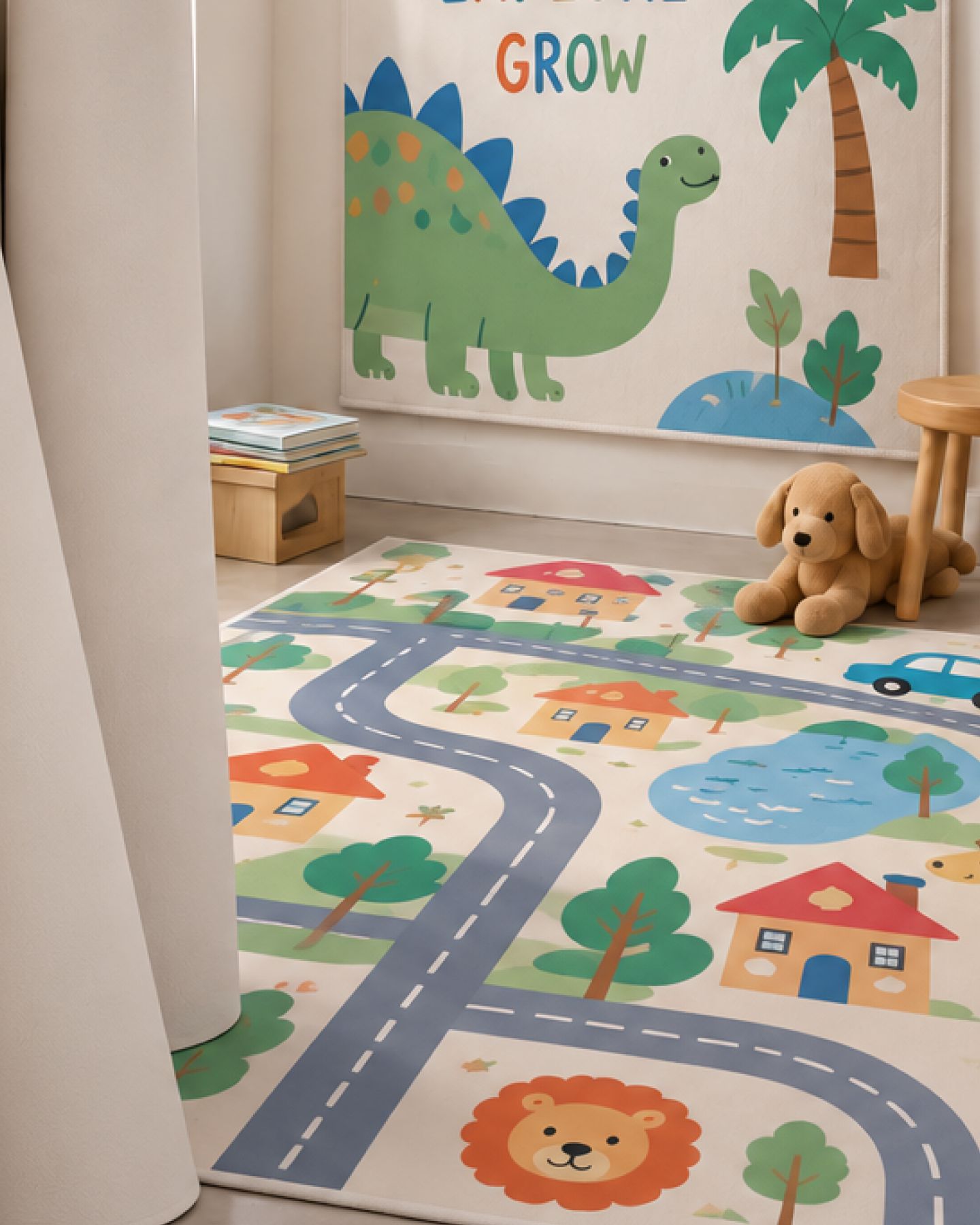 Tapete infantil con mapa de carreteras y fondo decorativo impresos sobre Tela Cholula Arletex
