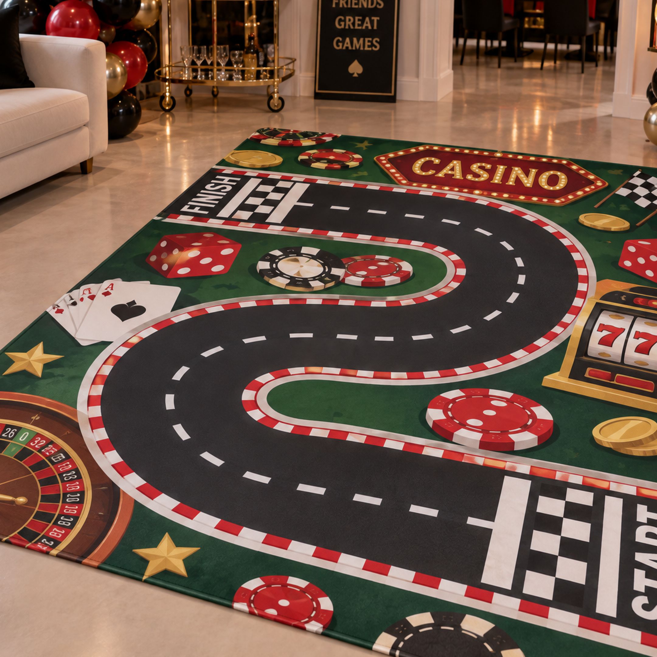 Tapete de fiesta con temática de casino impreso sobre Tela Cholula Arletex