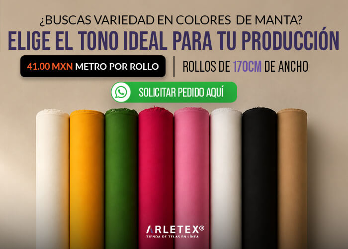 Manta de Colores Arletex — paleta de 8 tonos disponibles al mayoreo, $41 MXN por metro, rollos de 170 cm de ancho