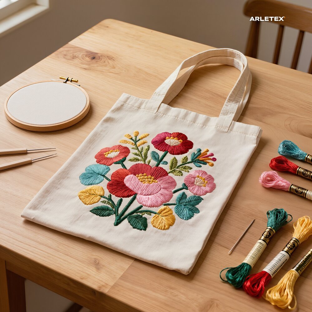 Tote bag de manta cruda bordada a mano con flores de colores, junto a un bastidor e hilos
