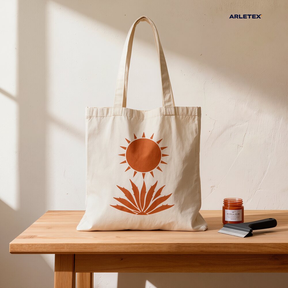 Tote bag de loneta natural con un sol y un agave estampados en serigrafía