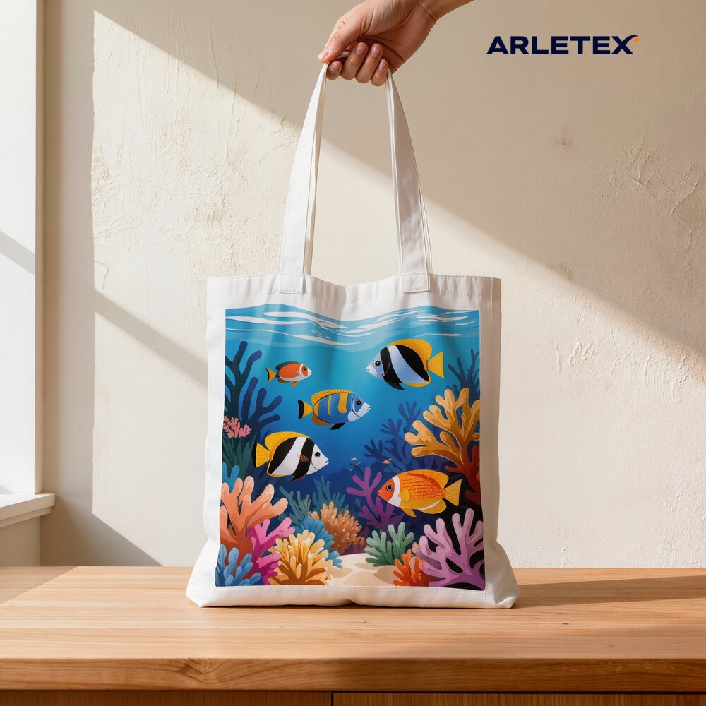 Bolsa sublimada con ilustración de arrecife y peces sobre Tela Cholula 100% poliéster