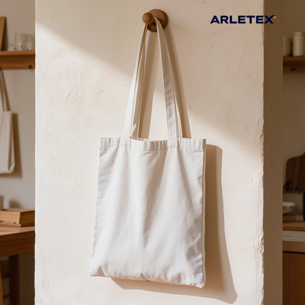 Tote bag blanca lista para personalizar, colgada de un gancho de madera