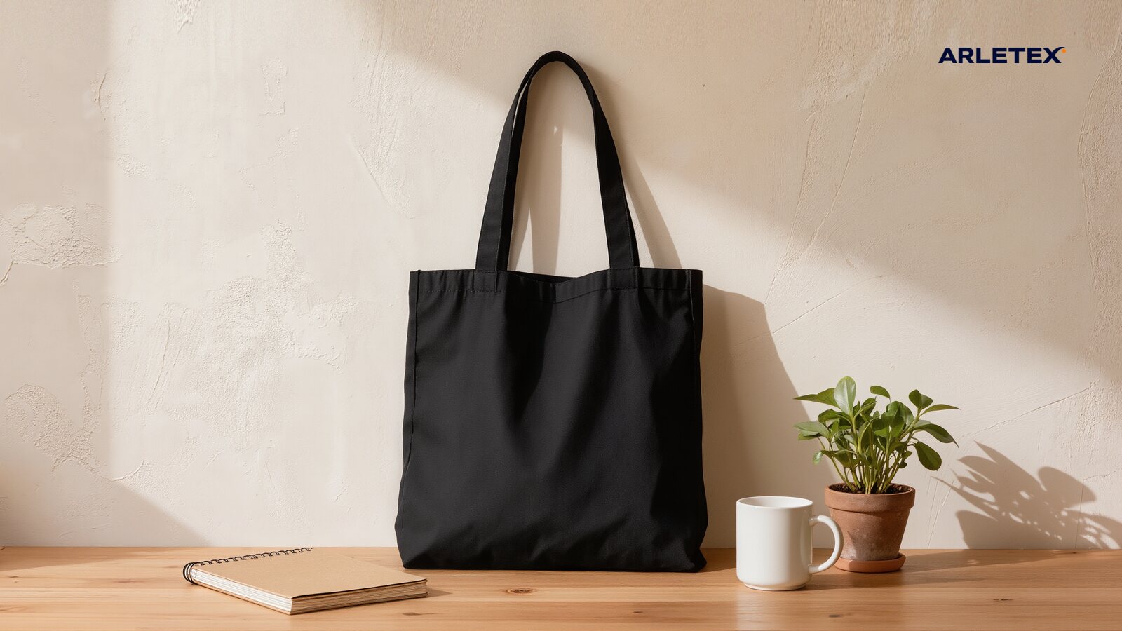 Tote bag negra sobre una mesa con libreta, taza y planta