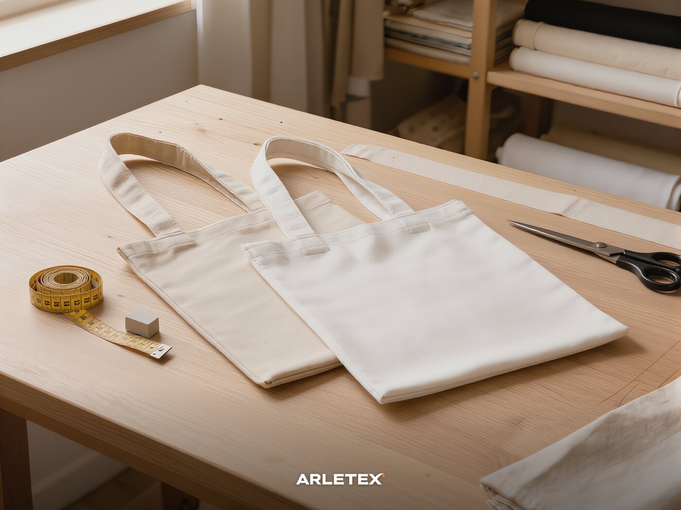 Tote bags de manta prelavada en crudo y blanco sobre una mesa de costura con cinta métrica